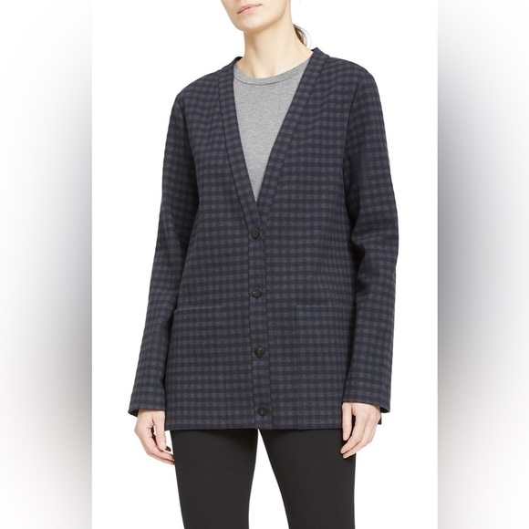 Theory Slit‎ Cardigan Gingham Navy Gray Sweater Sz L - Picture 1 of 7